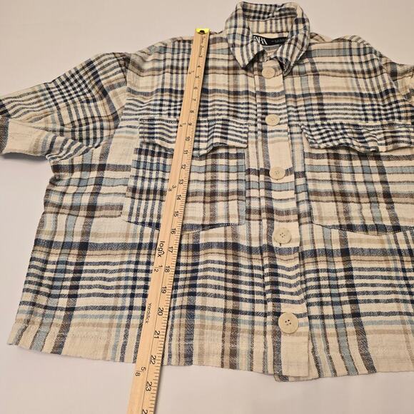 ZARA Plaid Flannel Overshirt Jacket Sz M Cotton Blend Soft Neutral Earth Tones - Picture 5 of 9